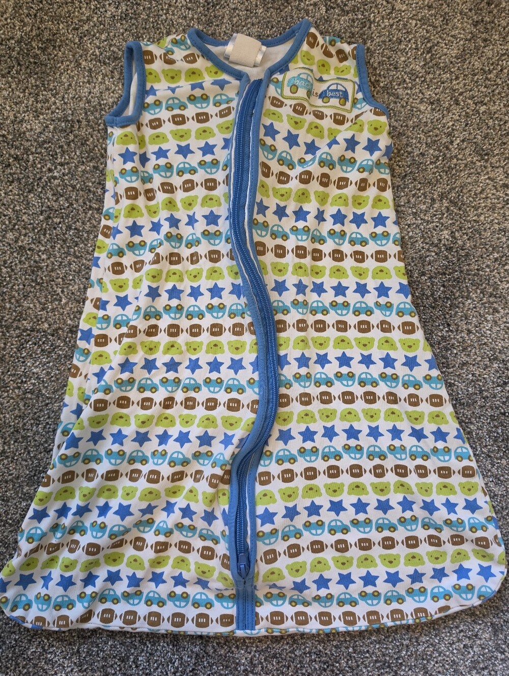 Halo Sleeveless Sleep Sack in Blue, Green & Brown Star and Toy Pattern